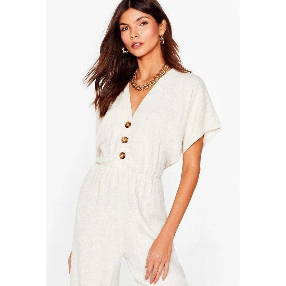 NASTY GAL Clean Girl Quiet Luxury Linen Button Up Wide Leg Jumpsuit Cream 4 - Picture 2 of 8